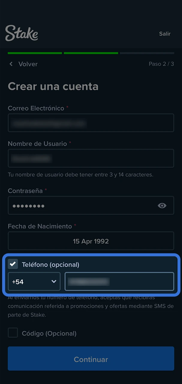 Añada su número de teléfono para aumentar la seguridad de su cuenta de Stake Casino.