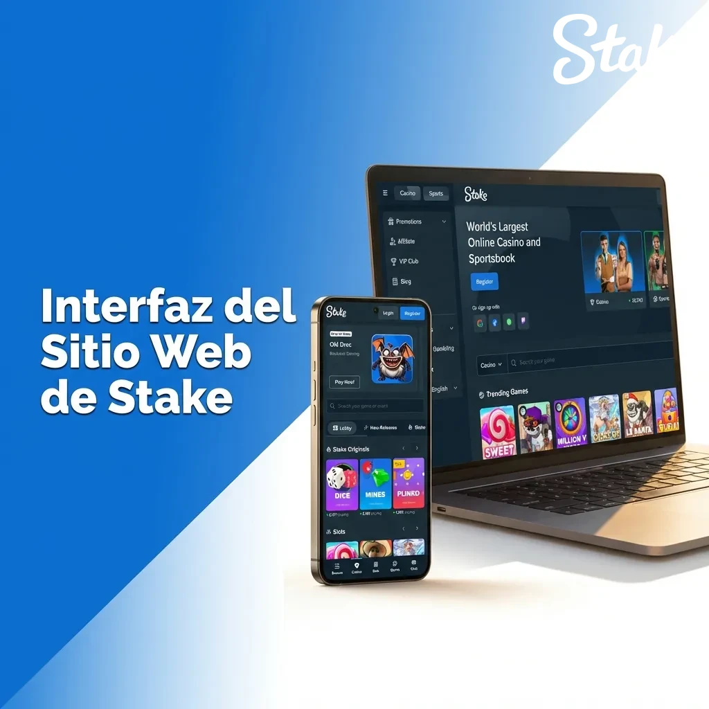 Interfaz de navegación de Stake con barra superior mostrando menú de Deportes, Casino, Casino en Vivo y Promociones