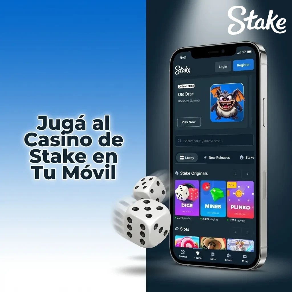 Mobile casino gaming on Stake app in Argentina with slots, live games, table games, and original games available