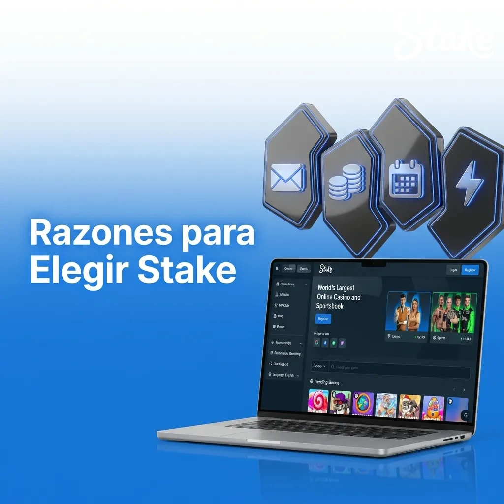 Gráfico mostrando ventajas de Stake: retiros instantáneos, 3000+ juegos, promociones semanales y soporte 24/7